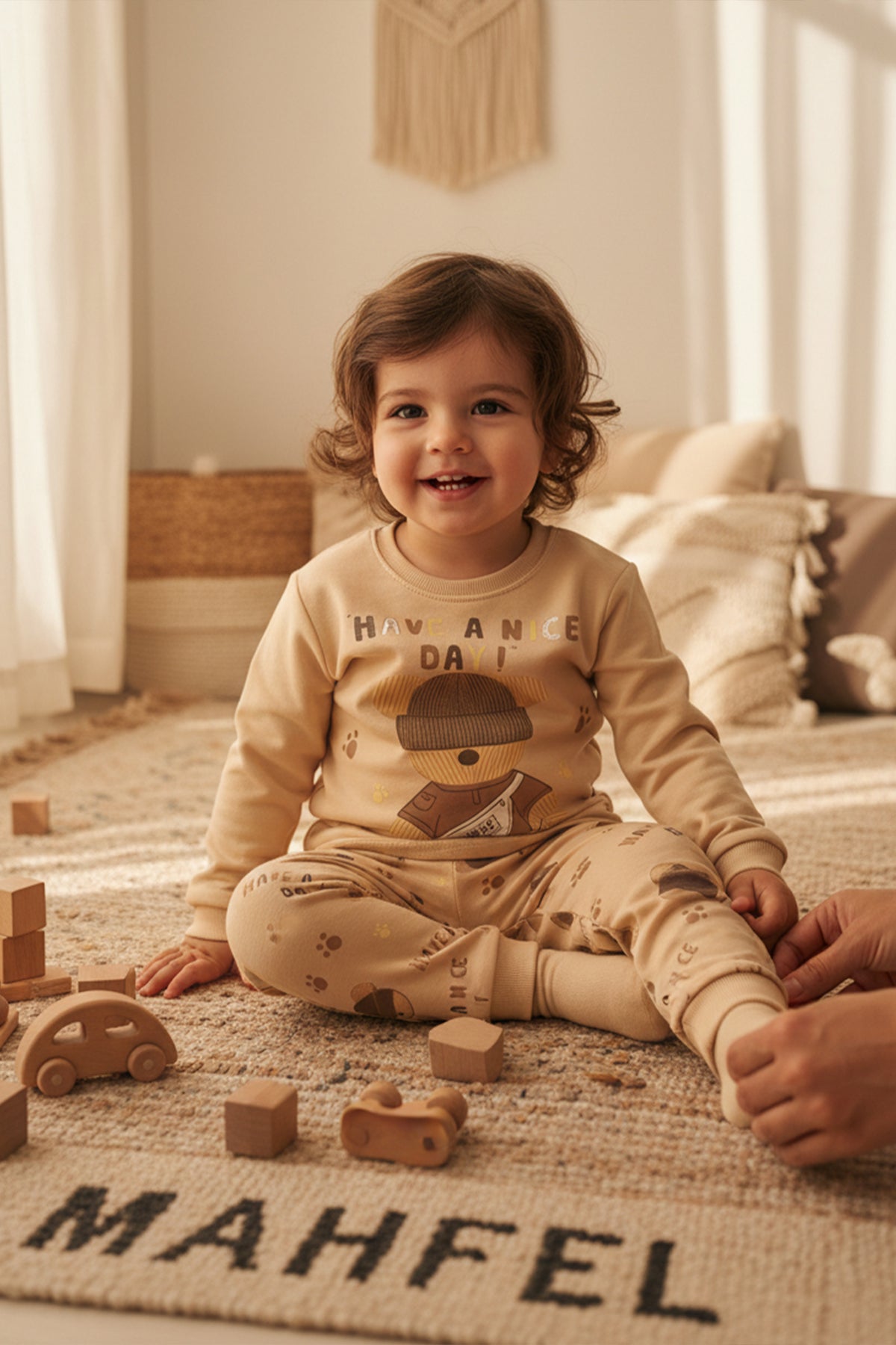 Krem Şapkalı Ayı Pijama Takımı