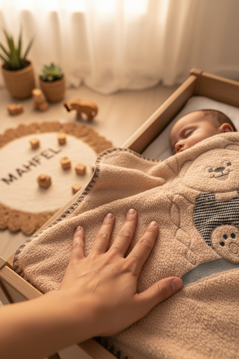 Salıncak Ayı Nakışlı Kahve Bebek Battaniyesi