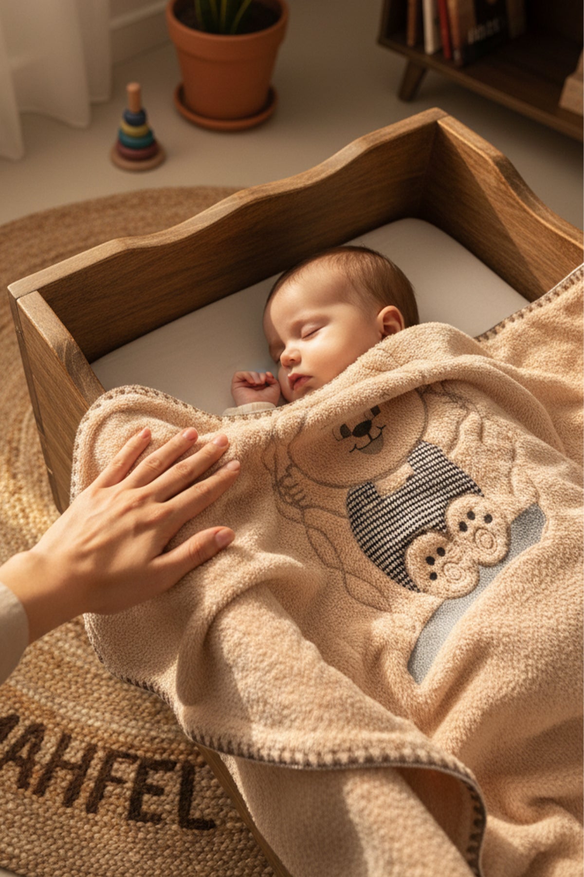 Salıncak Ayı Nakışlı Kahve Bebek Battaniyesi