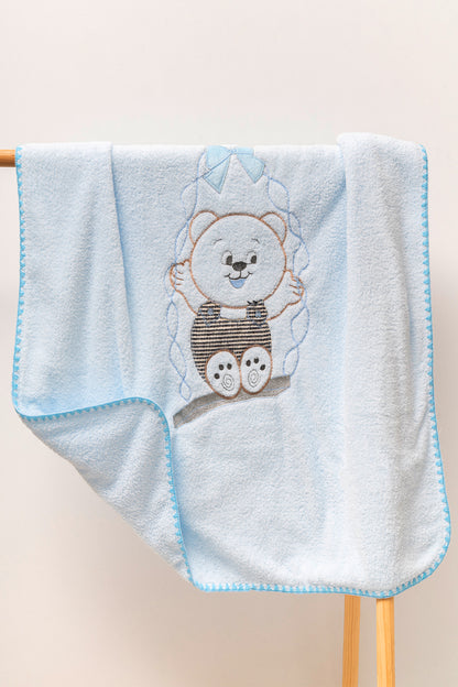 Salıncak Ayı Nakışlı Mavi Bebek Battaniyesi