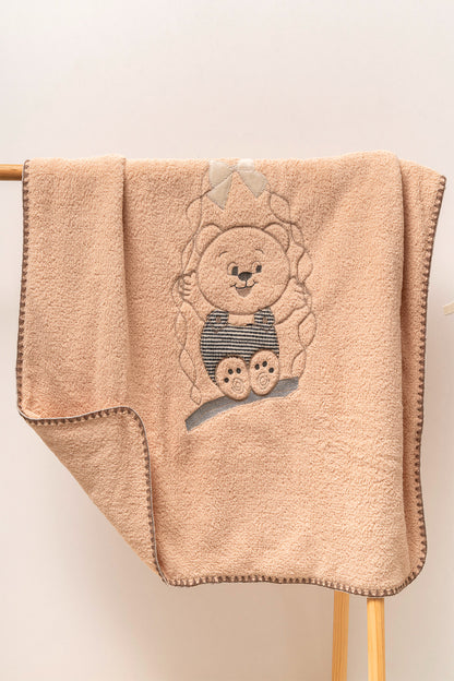 Salıncak Ayı Nakışlı Kahve Bebek Battaniyesi