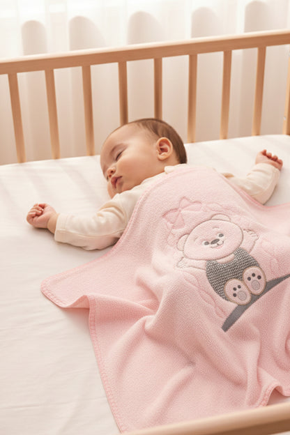 Salıncak Ayı Nakışlı Pembe Bebek Battaniyesi