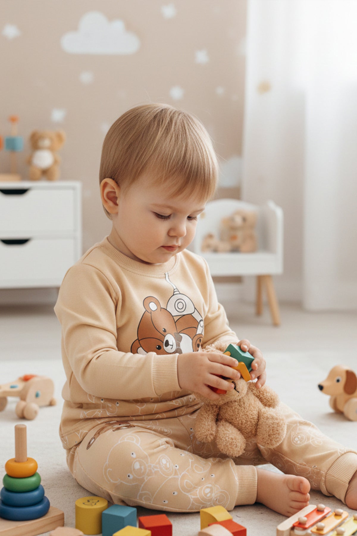 Sallanan Ayı Krem Pijama Takımı 1-6 Yaş