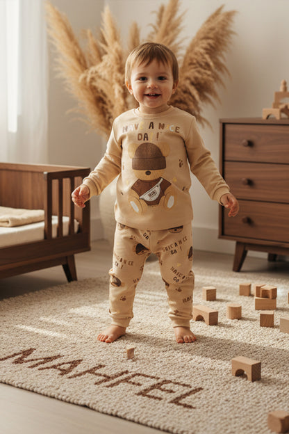 Krem Şapkalı Ayı Pijama Takımı