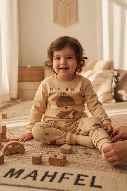 Krem Şapkalı Ayı Pijama Takımı