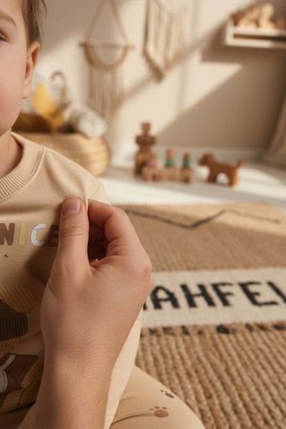 Krem Şapkalı Ayı Pijama Takımı