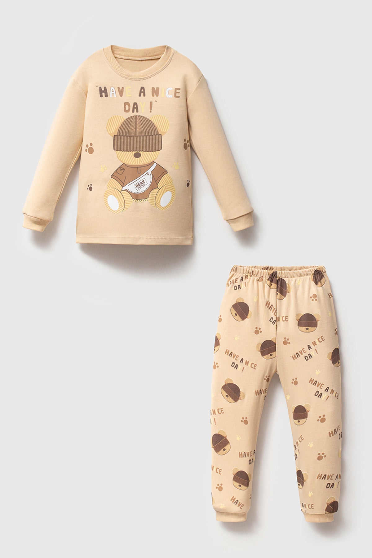 Krem Şapkalı Ayı Pijama Takımı