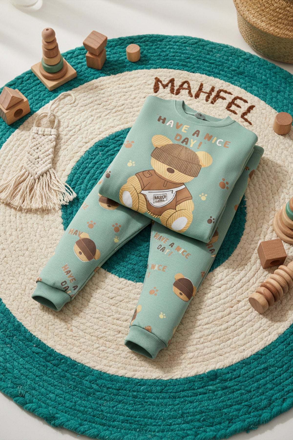 Yeşil Şapkalı Ayı Pijama Takımı