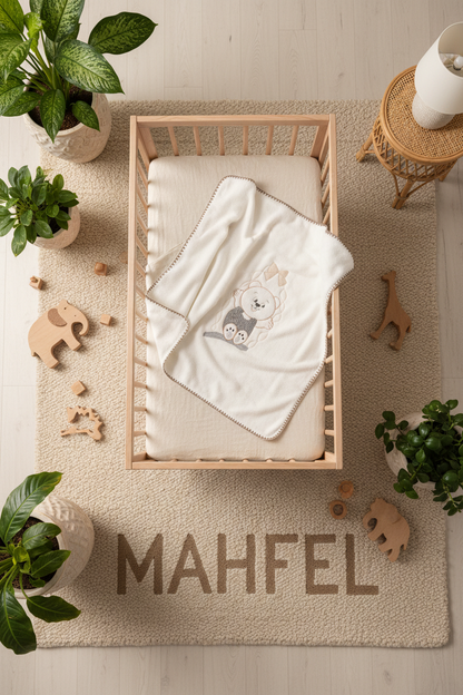 Salıncak Ayı Nakışlı Ekru Bebek Battaniyesi