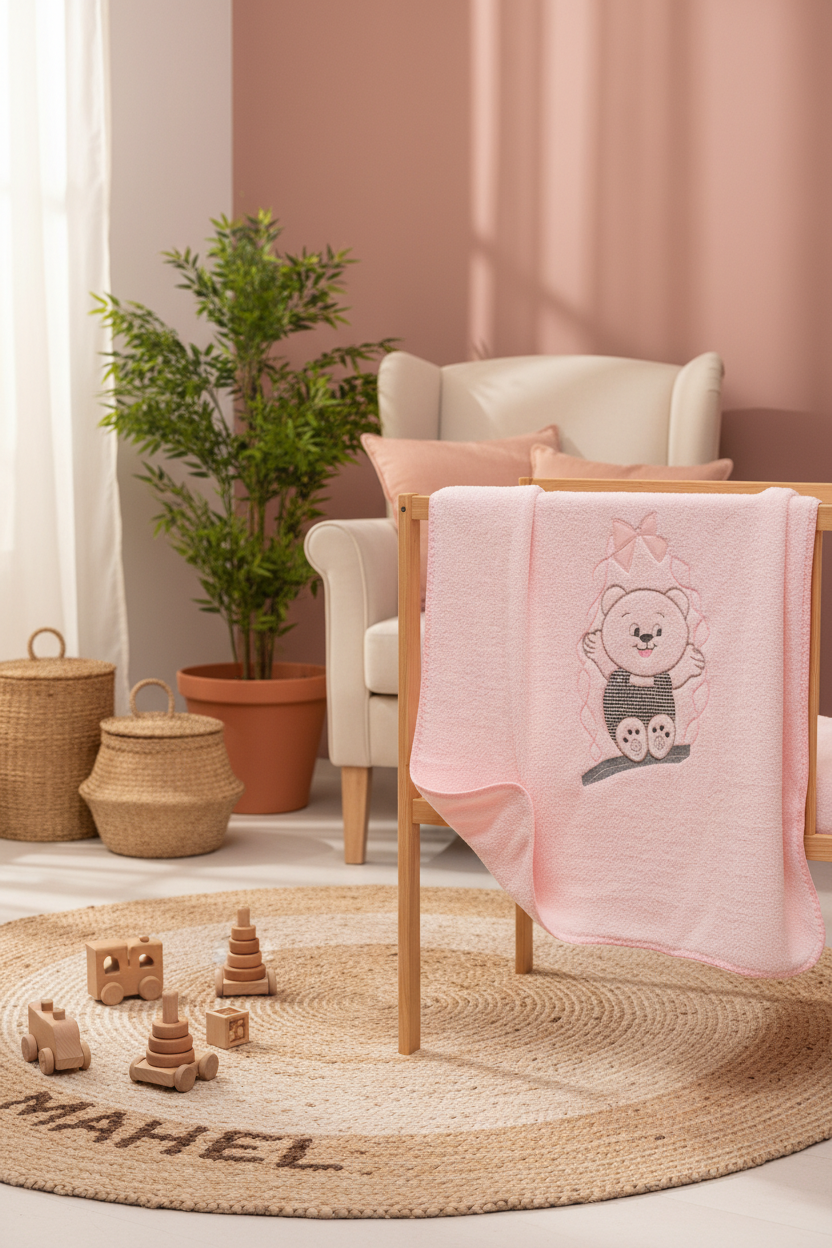 Salıncak Ayı Nakışlı Pembe Bebek Battaniyesi