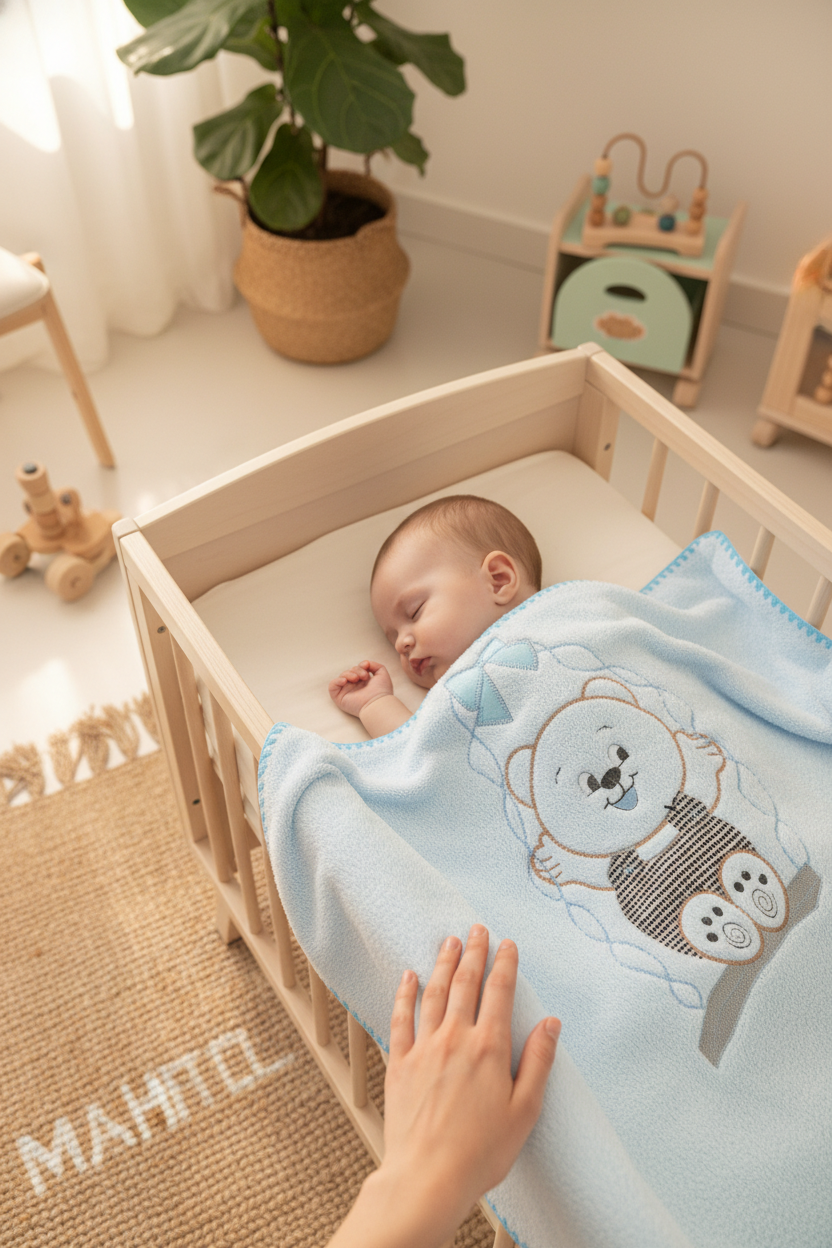 Salıncak Ayı Nakışlı Mavi Bebek Battaniyesi