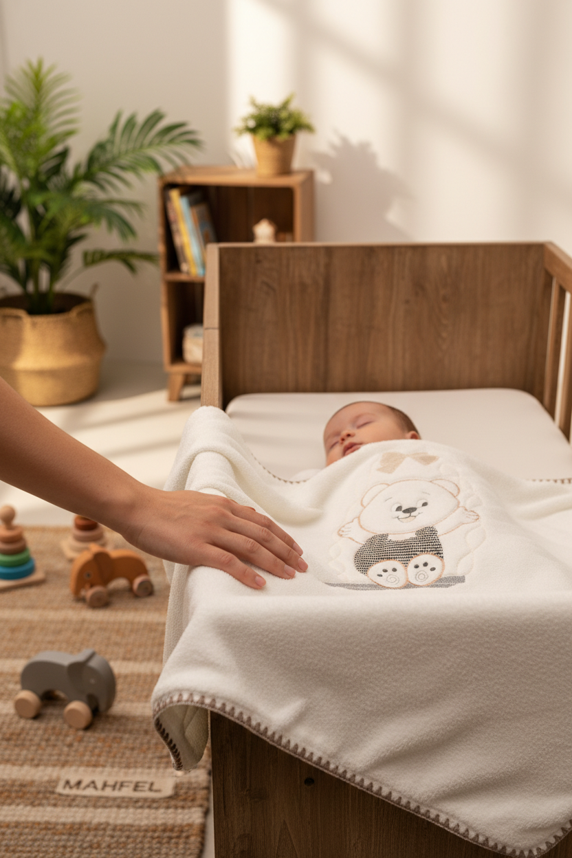 Salıncak Ayı Nakışlı Ekru Bebek Battaniyesi