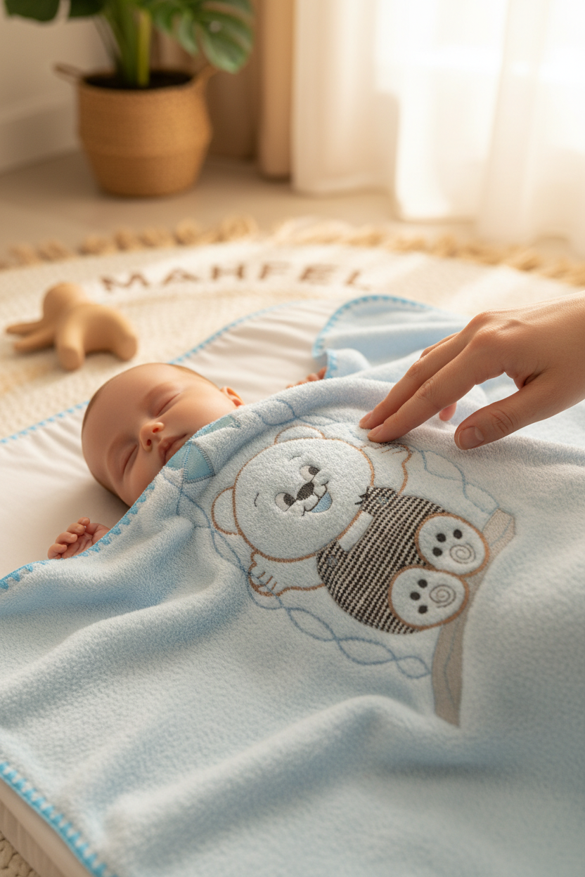 Salıncak Ayı Nakışlı Mavi Bebek Battaniyesi